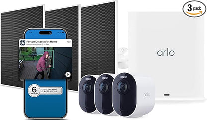 Arlo Ultra Security Camera 4K HDR (3rd Gen, 2025 Release), SmartHub, 3 Cam + 3 Solar Panels + 6 Months of Secure Plus Plan, AI Detection - Person, Vehicle, Package & Animal, 180° Field of View, White