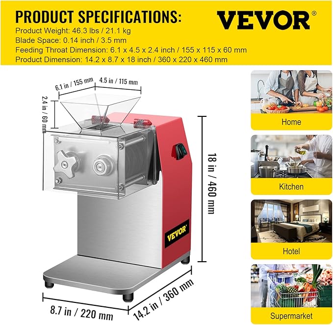VEVOR Commercial Meat Cutting Machine, 551 Lbs/H 850W Meat Shredding Machine, 3.5mm Blade Electric Meat Cutter, Stainless Steel Restaurant Food Cutter, for Kitchen Supermarket Lamb Beef Chicken, Red