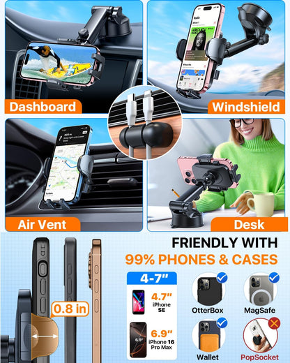 HTU 2025 Best Car Phone Holder 【Ultimate 5-in-1 & Upgraded 100+LBS Strongest Suction】【True Military-Grade & Safety Cert】 360° Windshield Dashboard Vent Mount Stand for iPhone Android & Truck, Grey