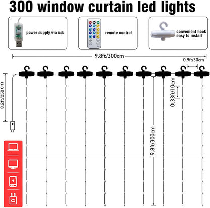 Dazzle Bright Curtain String Lights, 300 LED 9.8ft x9.8ft Warm White Fairy Lights with 8 Lighting Modes, Waterproof Lights for Bedroom Christmas Party Wedding Home Garden Wall Decor