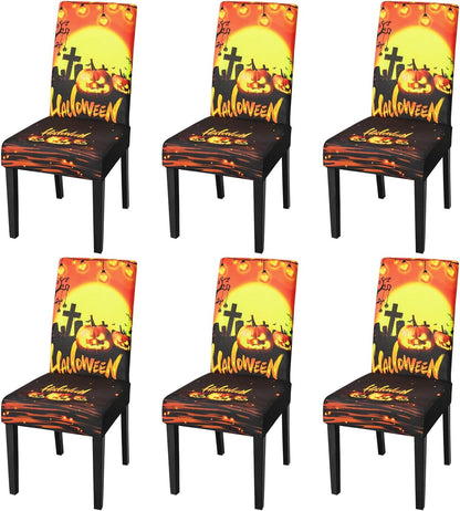 JQinHome Orange Halloween Chair Slipcover, Pumpkin Chair Covers Set of 6, High Stretch Washable Chair Protector Cover for Dining Room, Kitchen,Home Party,Wedding Ceremony(Orange,6PC)