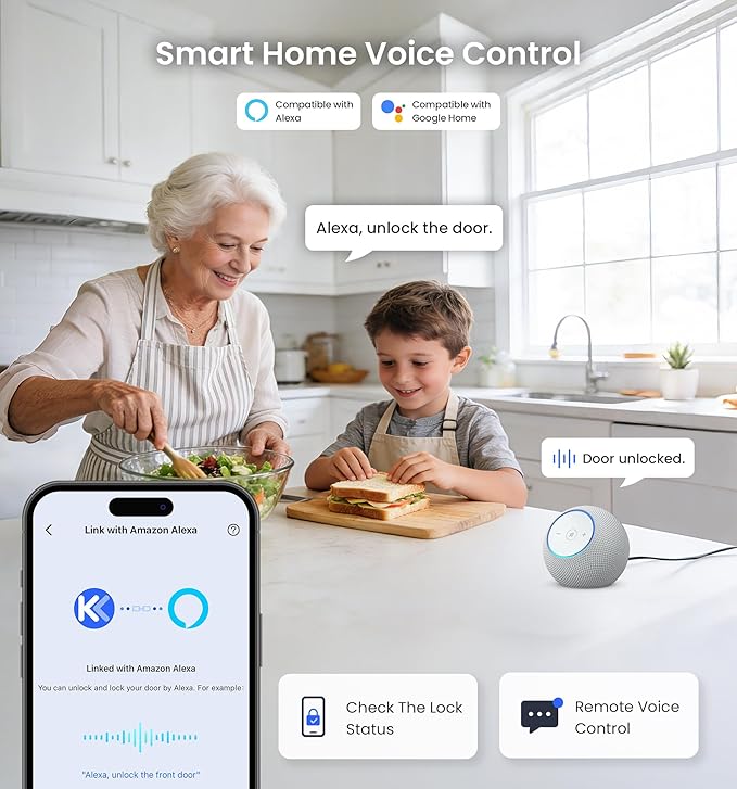 Veise VE012W-H WiFi Smart Front Door Lock Set, Built-in WiFi, App Remote & Voice Control, Fingerprint Keyless Entry Smart deadbolt with Handle, Backlit Keypad, Auto Lock, IP55 Waterproof, Satin Nickel