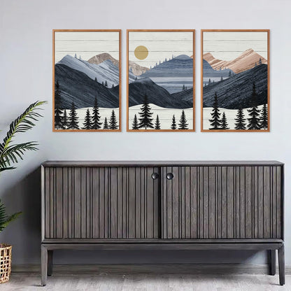 KAIRNE Mountain Canvas Wall Art,Abstract Landscape Wall Decor Set of 3(16”X24”),Sunrise Pine Forest Nature Prints,Wilderness Scenery Pictures for Living Room Bedroom Farmhouse Office Decor,Framed