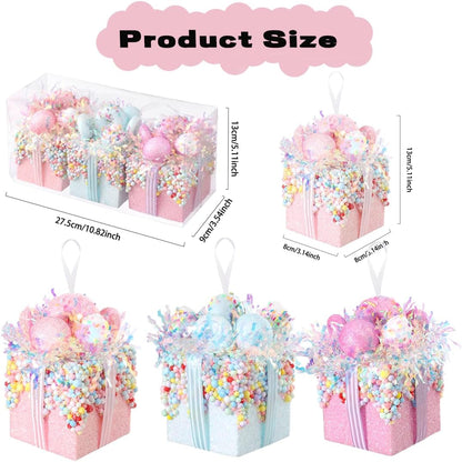 Christmas Tree Gift Box Ornament Set,3 Pieces Macaron Color Candy Gift Hanging Ornaments for Christmas, New Year, Easter, Birthday (Pink Purple Blue)