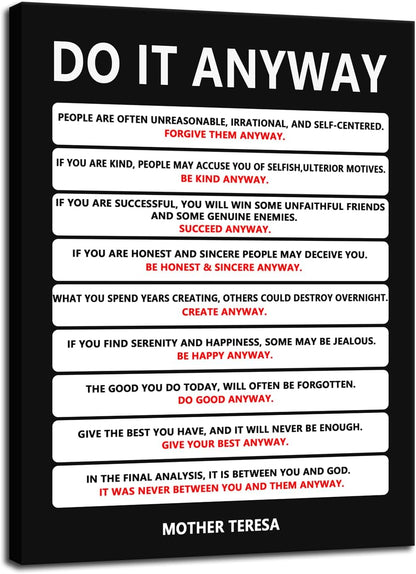 Do It Anyway Motivational Wall Art Inspirational Poster Mother Teresa Quote Canvas Prints Artwork for Office Living Room Modern Home Decor Painting Pictures Stretched and Framed [18''Wx 24''H]
