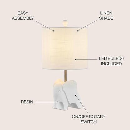 JONATHAN Y 17.5" White Elephant Kids Table Lamp, Whimsical Resin Bedside Lamp with White Linen Drum Shade for Bedroom Playroom Nursery, LED Bulb Included, UL Listed (JYL1143D)