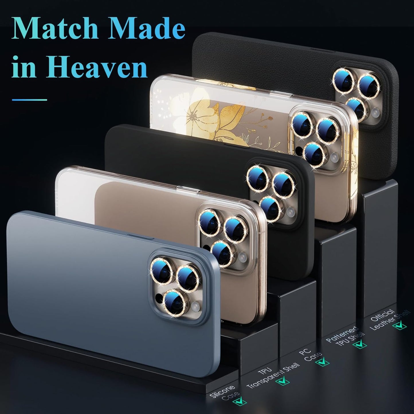 YWXTW Designed for iPhone 16 Pro/iPhone 16 Pro Max Camera Lens Protector Bling, [New Glitter Design] Individual Metal Tempered Glass Camera Cover Accessories Case Friendly (Desert Titanium)