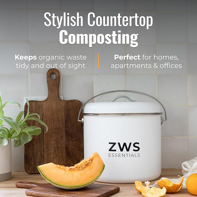 White Stainless Steel Compost Bin | 6.5L Odor-Free Kitchen Countertop Food Scrap Pail with Charcoal Filter | Compact Zero Waste Solution for Home and Apartment Kitchens