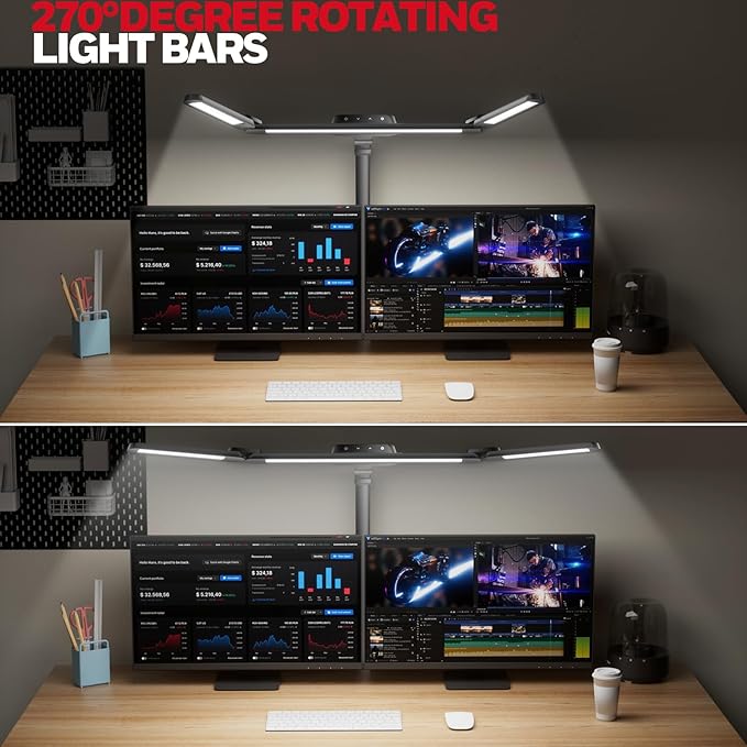 Honeywell Wide Desk Lamp with Clamp for Dual Monitors,22W Full-Spectrum Eye-Caring LED Light Bar for Home Office, 3-Section Adjustable Design with Stepless Dimming
