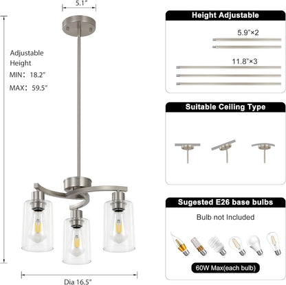3-Light Brushed Nickel Dining Room Light Fixture,Modern Kitchen Chandeliers Over Table，Adjustable Height Industrial Hanging Pendant Lights for Kitchen Island with Glass Shade