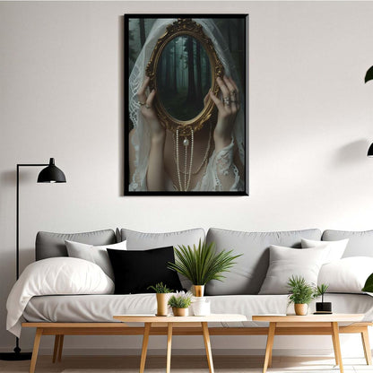 Mirror face covering dark art poster print melancholy gothic painting vintage feminine print victorian style decoration antique art12x16in Metal blackFramed