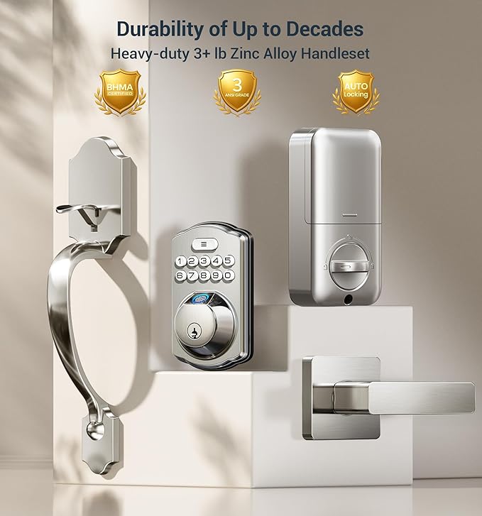 Veise Fingerprint Door Lock Set, Keyless Entry Door Lock, Front Handle Set, Electronic Keypad Deadbolt with Lever Handle, 2 Keys, Auto-Locking, One-time Codes, Easy to Install, Satin Nickel