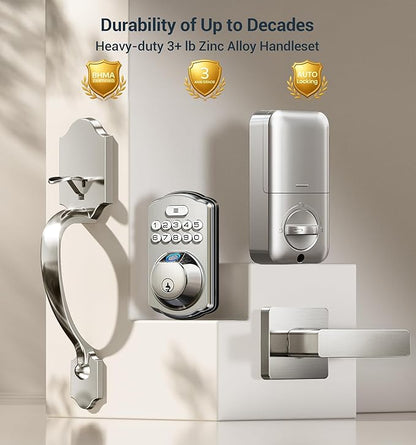 Veise Fingerprint Door Lock Set, Keyless Entry Door Lock, Front Handle Set, Electronic Keypad Deadbolt with Lever Handle, 2 Keys, Auto-Locking, One-time Codes, Easy to Install, Satin Nickel
