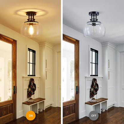 WUZUPS Chandelier Rustic Farmhouse Industrial Round Semi-flushmount Ceiling LED Light Fixture with Clear Glass Shades for Bathroom Kitchen Foyer Entryway, H 10" x W 10", E26 Base, Black