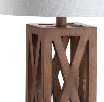 JONATHAN Y 21.5" Brown Farmhouse Wood Table Lamp for Bedside and Living Room, White Linen Drum Shade, Rustic Modern Desk Lamp for Bedroom, LED Bulb Included JYL1062A