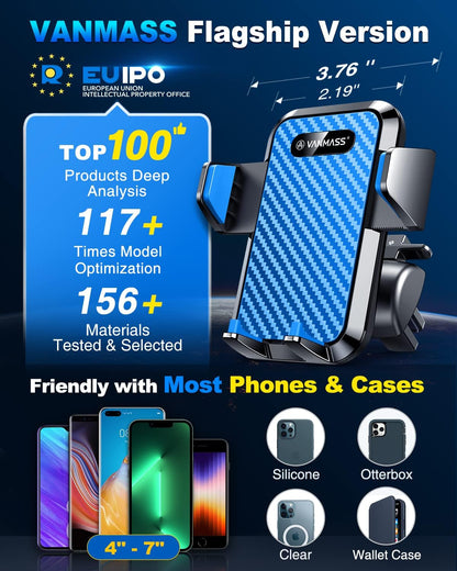 VANMASS Universal Car Phone Mount,【Patent & Safety Certs】 Upgraded Handsfree Stand, Phone Holder for Car Dashboard Windshield Vent, Compatible iPhone 13 12 11 Pro Max Xs XR X 8, Galaxy (Blue)