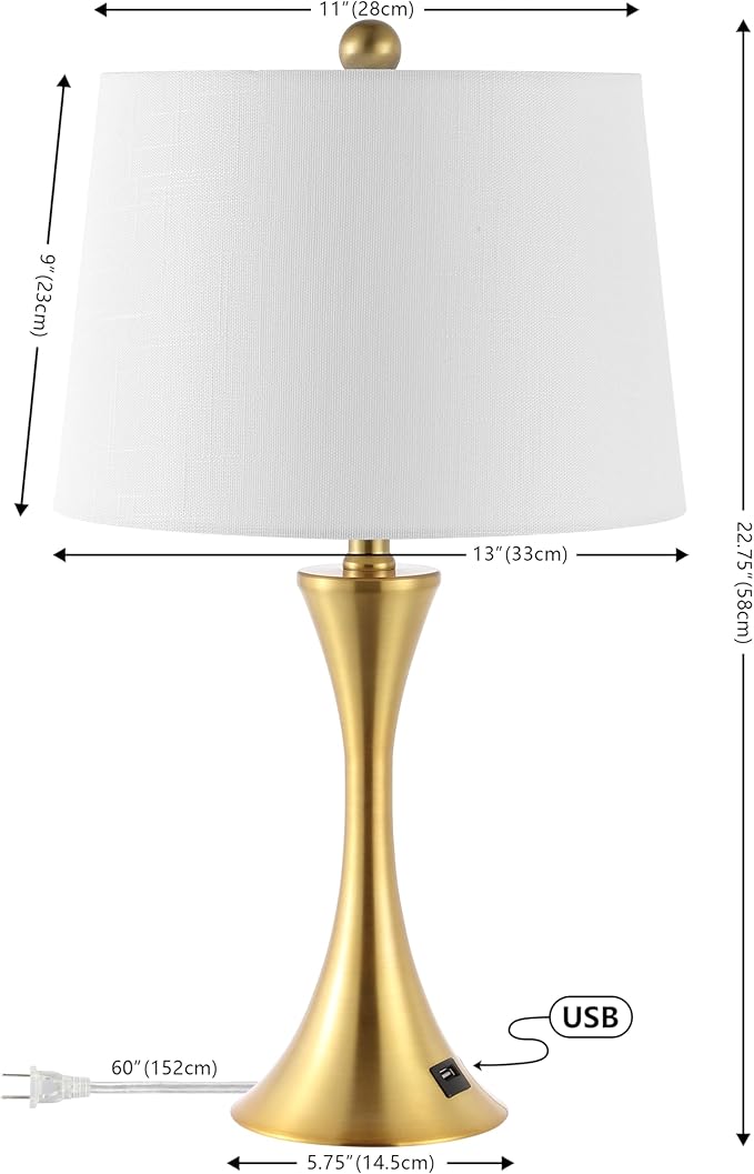 JONATHAN Y 22.75" Brass Gold Modern Hourglass LED Table Lamp Set of 2 with USB Port, Metal Bedside Lamps for Living Room Bedroom, White Linen Shade JYL6621A-SET2