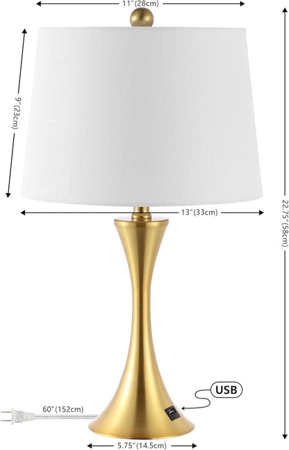 JONATHAN Y 22.75" Brass Gold Modern Hourglass LED Table Lamp Set of 2 with USB Port, Metal Bedside Lamps for Living Room Bedroom, White Linen Shade JYL6621A-SET2