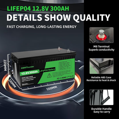12V 300Ah LiFePO4 Lithium Battery, Built-in Smart BMS,Low-Temp Protection Up to Group 31 Deep Cycle Battery for Trolling Motor, RV, Solar, Marine, Camping and Off Grid Applications
