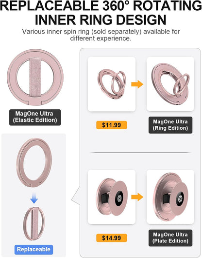 EWA MagOne Ultra Phone Grip Stand with Replaceable Elastic Finger Loop, Removable Magnetic Ring Holder Kickstand Loop, Double-Sided Magnetic Accessories for iPhone 16, 15, 14, 13 Pro/Max/Plus-Roseglod