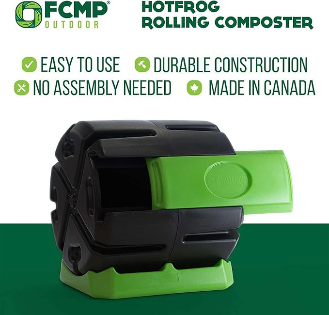FCMP Outdoor HOTFROG Rolling Single Chamber Batch Tumbling Composter - Outdoor Rotating Garden Compost Bin (HF-RC4000WB) Black & Green (37-Gallon)