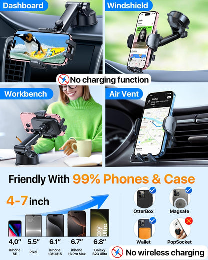 HTU [True Military-Grade] 2025 Upgraded Car Phone Holder 【Safety Certs & No Smell】 Cell Phone Holder for Car Mount for Dashboard Windshield Air Vent Long Arm Thick Case,Purple
