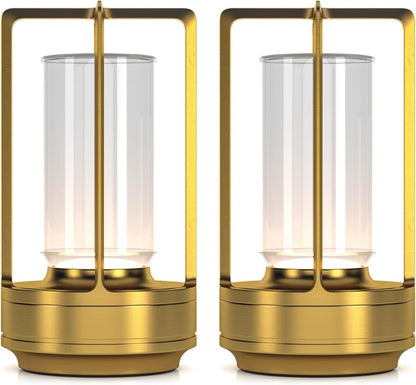 Portable Metal Table Lamp for Indoor/Outdoor ,Rechargeable Cordless LED Lamp, 3-Colour Infinitely Dimming Battery Powered Small Desk Lamp, Restaurant/Bedroom/Bar/Coffee/Camping Light (Gold Set of 2)