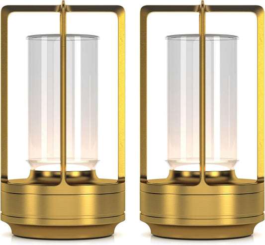 Portable Metal Table Lamp for Indoor/Outdoor ,Rechargeable Cordless LED Lamp, 3-Colour Infinitely Dimming Battery Powered Small Desk Lamp, Restaurant/Bedroom/Bar/Coffee/Camping Light (Gold Set of 2)