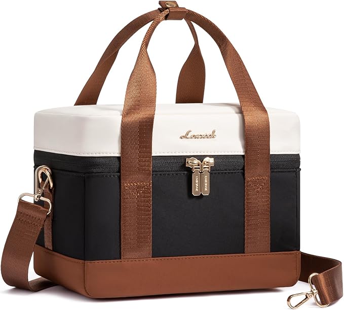 LOVEVOOK Insulated Lunch Box for Women Men, Reusable Lunch Bag with Large Capacity, Leakproof Cooler Lunch Tote for Work, Office, Outdoor Use, Black-beige-brown