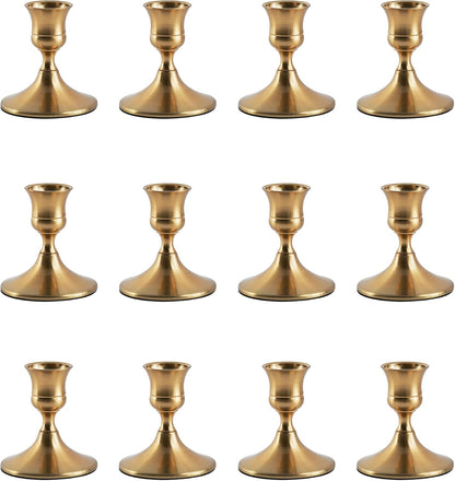 Gold Taper Candle Holder, Brass Candlestick Holders, Vintage Metal for Table Centerpieces Wedding Christmas Decor (Gold, 12 Pcs)