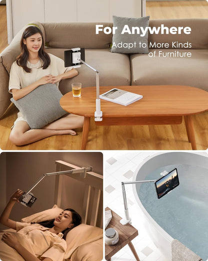 Viozon Tablet Holder Stand, Phone/Kindle Holder with Flexible Aluminum Alloy Long Arm, C Clamp for Headboard Bedside&Table, Compatible with 3.5-11" iPad,Kindle, iPhone 15 14 Plus/Pro Max,W