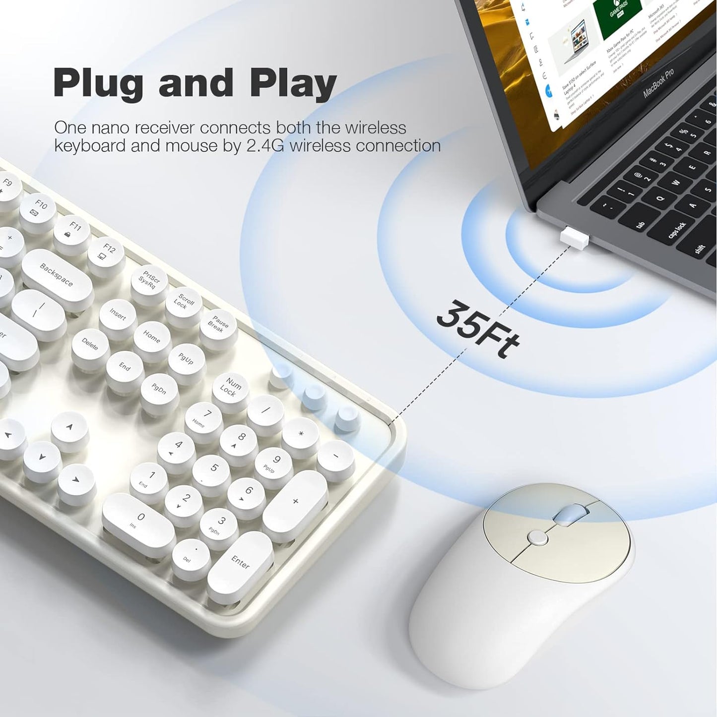 KNOWSQT Wireless Keyboard and Mouse Combo - White-Milky Full-Sized 2.4 GHz 104 Keys Typewriter Cute Keyboard, Round Keycap and Optical Mouse for Windows, Computer, PC, Laptop, Desktop