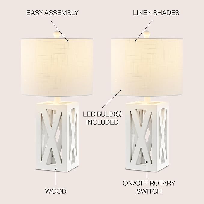 JONATHAN Y 21.5" White Farmhouse Wood Table Lamp for Bedside and Living Room, White Linen Drum Shade, Rustic Modern Desk Lamp for Bedroom, LED Bulb Included (JYL1062B-SET2)