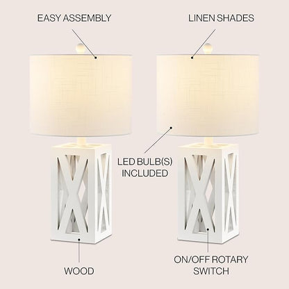 JONATHAN Y 21.5" White Farmhouse Wood Table Lamp for Bedside and Living Room, White Linen Drum Shade, Rustic Modern Desk Lamp for Bedroom, LED Bulb Included (JYL1062B-SET2)