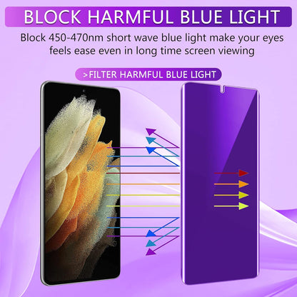 [2+2 Pack] Lesakit Anti-Blue Light Privacy Screen Protector for Samsung Galaxy S21 Ultra 6.8 inch with 2 Pack Camera Lens Protector, [Support Fingerprint ID] Anti Spy TPU Flexible Screen Protector- Purple
