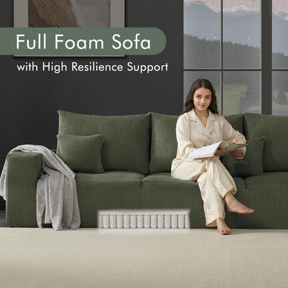 Boneless Sectional Cloud Couch Sofa Bed for Living Room, 112" Modular Modern Lounge 3 Seater Sleeper Green Couches with Chaise, No Assemble, Cordury Compression Upholstered Sofas
