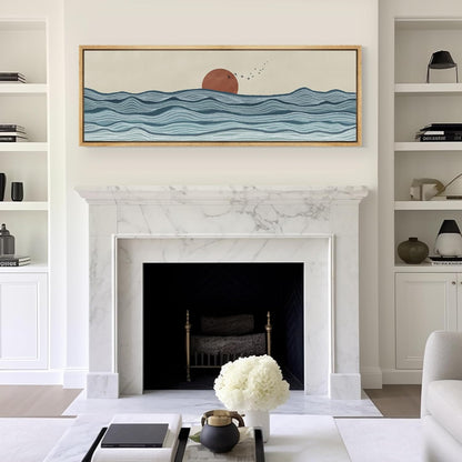 MUDECOR Large Framed Canvas Print Wall Art Calm Seascape Ocean Waves and Setting Sun Illustrations Antique Retro Fine Art Illustrations Decorative Colorful for Bedroom - 60"x20"