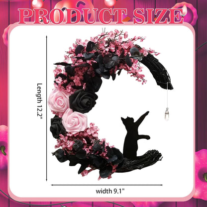 Halloween Wreaths for Front Door with Lights, Black Cat on Moon Garland with Rose Wreath Decor, Halloween Decorations Crescent Moon Wreath for Home Party Window Wall Indoor Outdoor (pink moon cat)