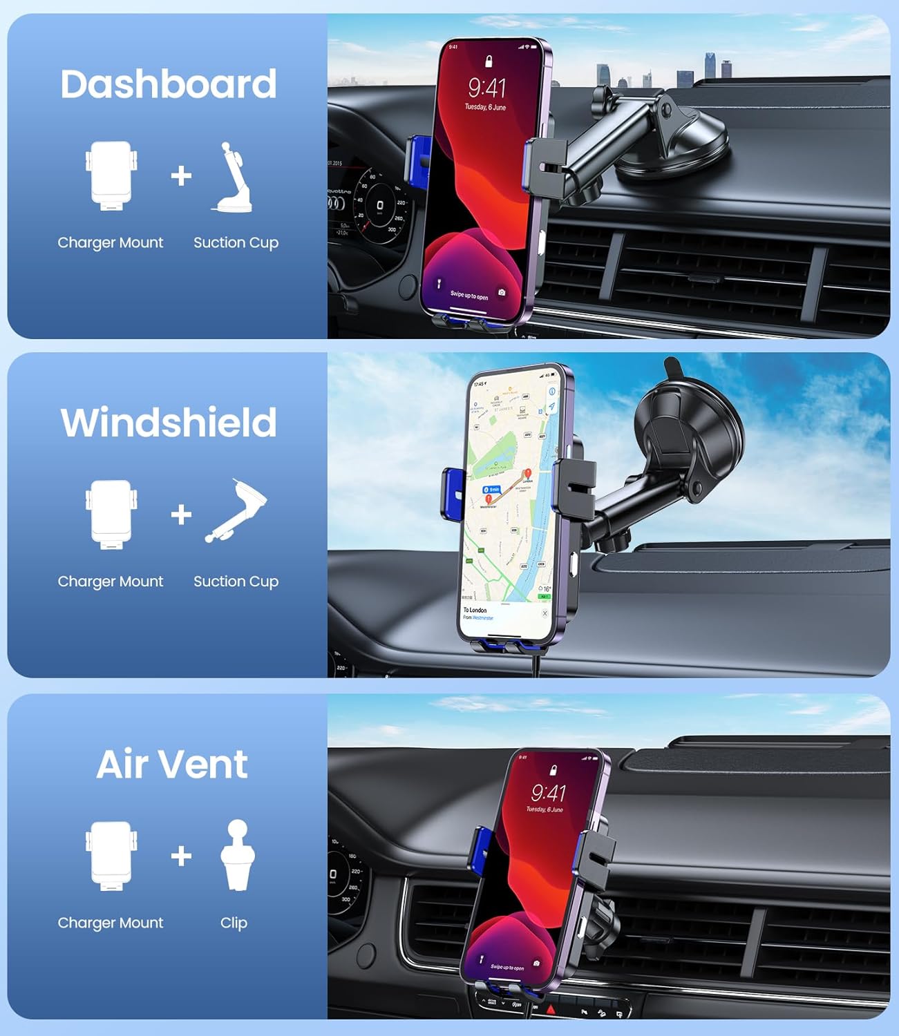 Wireless Car Charger, MOKPR 15W Fast Charging Auto-Clamping Car Mount Hands-Free Car Charger Mount for Dash Windshield Air Vent Compatible with iPhone 16 15/14/13/12, Samsung S23/S22/S21,Blue