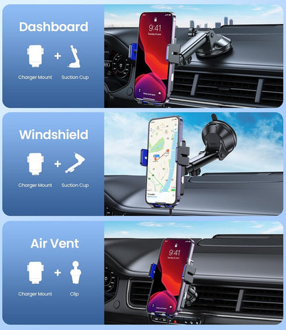 Wireless Car Charger, MOKPR 15W Fast Charging Auto-Clamping Car Mount Hands-Free Car Charger Mount for Dash Windshield Air Vent Compatible with iPhone 16 15/14/13/12, Samsung S23/S22/S21,Blue