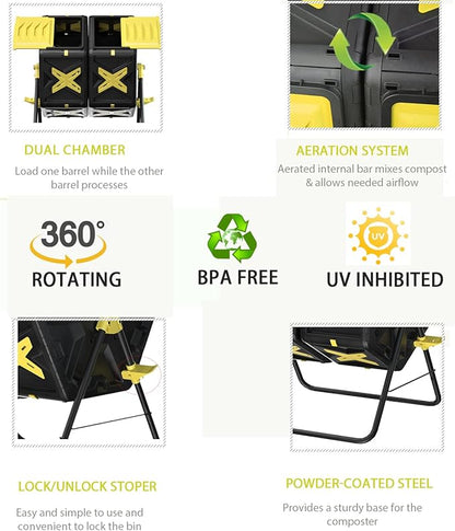 Compost Bin Outdoor - 2 X 18.5 Gal Dual Chamber Compost Tumbler,BPA Free Outdoor Rotating Composter with Easy-Turn, Fast-Working System