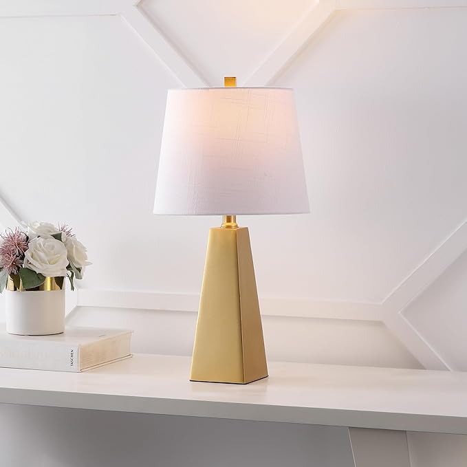 JONATHAN Y 20.5" Gold Painting Modern Resin Table Lamp for Bedroom Living Room, Contemporary Faceted Bedside Lamp with White Linen Shade, LED Bulb Included (JYL1038A)