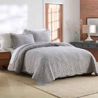 Cotton Bedspread Quilt Sets, Real Patchwork Bedding Sets with Luxury Floral Paisley Pattern, 3 Pieces Reversible Soft Lightweight Coverlet for All Season, Grey, Queen Size