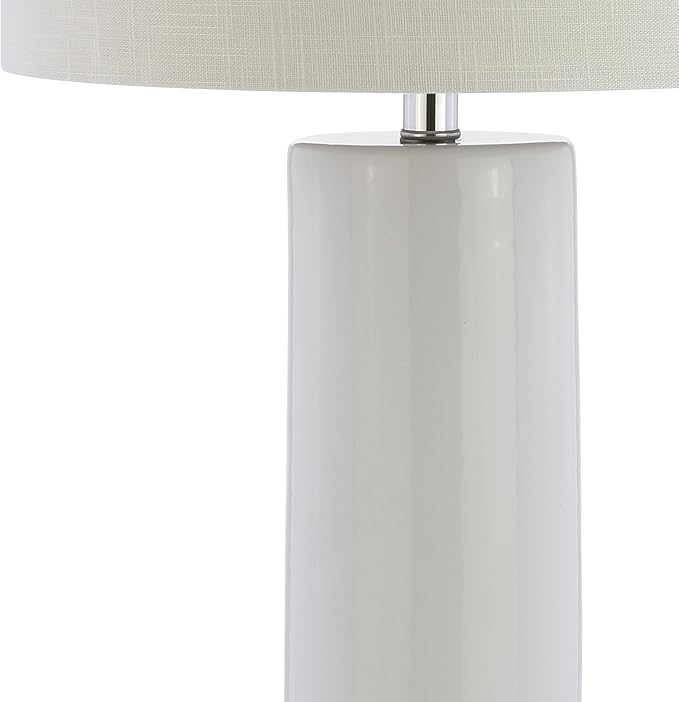 JONATHAN Y 31.5" White Ceramic Table Lamp with Chrome Base for Living Room, White Linen Drum Shade, Modern Bedside Lamp for Bedroom Office Nightstand, LED Bulb Included JYL8021A
