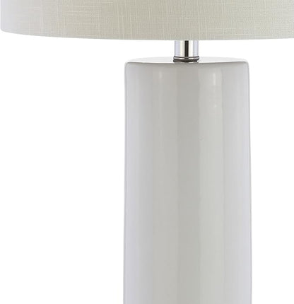 JONATHAN Y 31.5" White Ceramic Table Lamp with Chrome Base for Living Room, White Linen Drum Shade, Modern Bedside Lamp for Bedroom Office Nightstand, LED Bulb Included JYL8021A