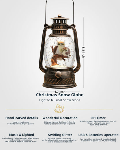 Snow Globe Christmas Decorations - Musical Christmas Snow Globes with 6H Timer,Owls Family Scene Snow Globes Lantern USB or Battery Powered,Christmas Decorations Decor for Home