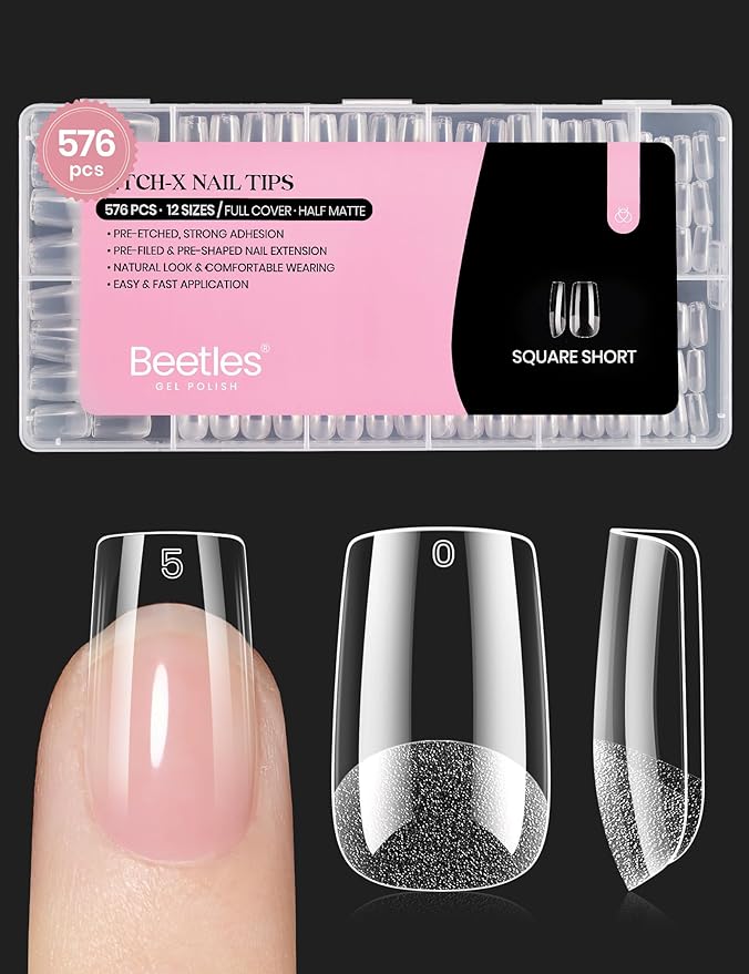 Beetles Gel Nail Tips Etch-X, Square Short, 576Pcs 12 Sizes, Pre-Shaped Half Matte Full Cover Soft Acrylic False Nail Tips Easy DIY Press On Nail Extension Manicure Salon Gift for Women