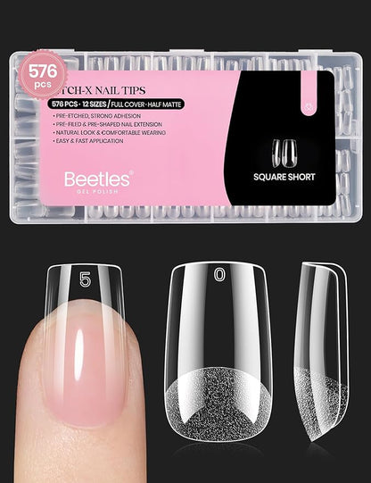 Beetles Gel Nail Tips Etch-X, Square Short, 576Pcs 12 Sizes, Pre-Shaped Half Matte Full Cover Soft Acrylic False Nail Tips Easy DIY Press On Nail Extension Manicure Salon Gift for Women