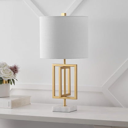 JONATHAN Y 20.25" Gold Contemporary Glam Metal and Marble Table Lamp, Modern Geometric Iron Desk Lamp for Bedroom Living Room, White Linen Shade, LED Bulb Included JYL1039A