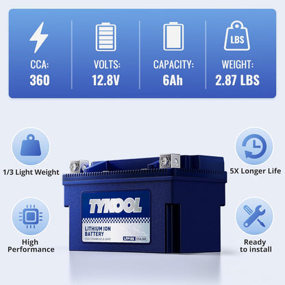 TYKOOL YTZ10S 12V 6Ah, 360CCA,3X Cranking Amps,5X Life,High Performance Lithium LiFePO4 Motorcycle Battery, Built in BMS, Powersports Battery, for Yamaha Scooter, ATV,Riding Lawn Mower